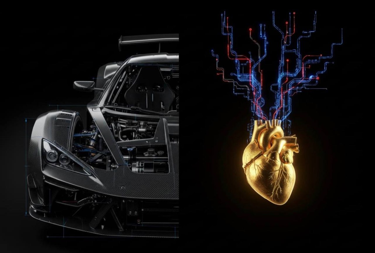 Chassis & Soul — race car and golden heart with circuit lines