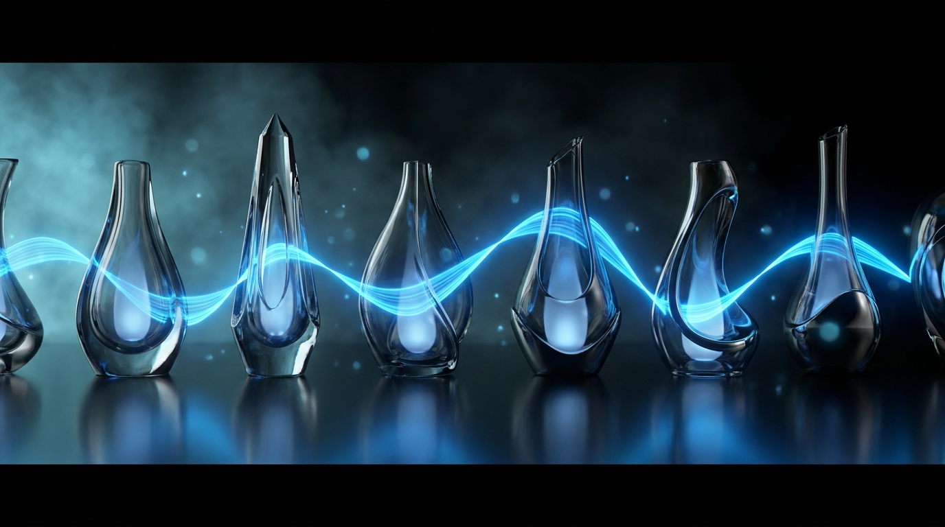 A continuous ribbon of blue light flowing through different vessels